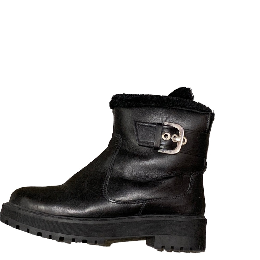 Zara Leather Moto Biker Boots Faux Fur Lining Platform Lug Soles Size 37 - Picture 4 of 12